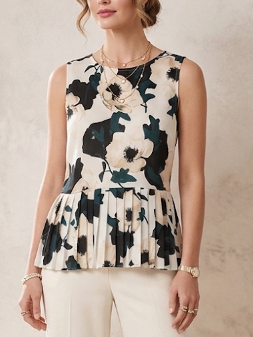 Banana Republic Floral Pleated Peplum Sleeveless Top Black Cream Teal Size 0‎
